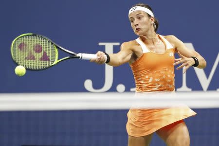 Sep 6, 2018; New York, NY, USA; Anastasija Sevastova of Latvia hits a forehand against Serena Williams of the United States (not pictured) in a women's semi-final match on day eleven of the 2018 U.S. Open tennis tournament at USTA Billie Jean King National Tennis Center. Mandatory Credit: Geoff Burke-USA TODAY Sports