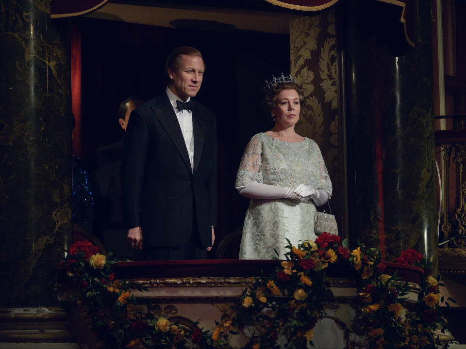 Prince Philip (Tobias Menzies) and Queen Elizabeth II (Olivia Colman) in 'The Crown'Alex Bailey/Netflix