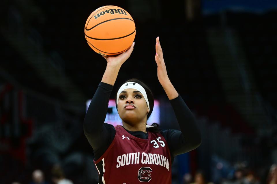 South Carolina center Sakima Walker (35) shoots during a practice session at Rocket Mortgage FieldHouse on Thursday.