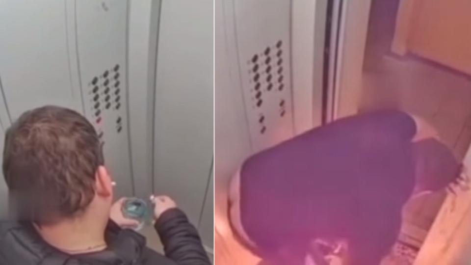 男子在電梯內點燃酒精遭火噬。（合成圖／翻攝自Vlad Orza YouTube）