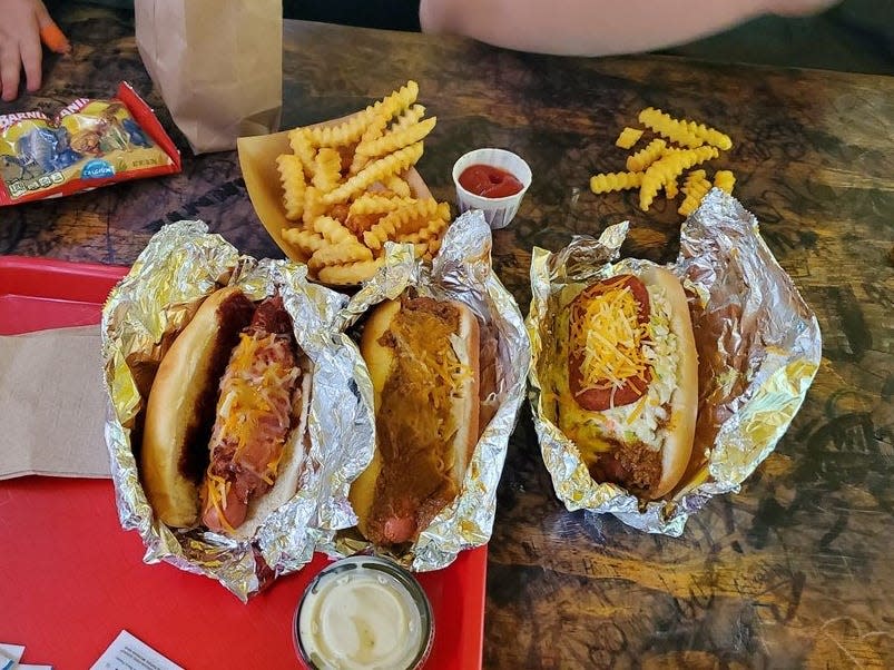 hillbilly hot dogs fries on table