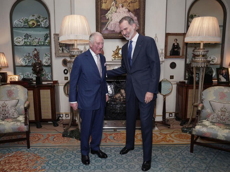 King Charles III meets with Spain's King Felipe VI in the Morning Room during an audience at Clarence House in London on November 21, 2022.