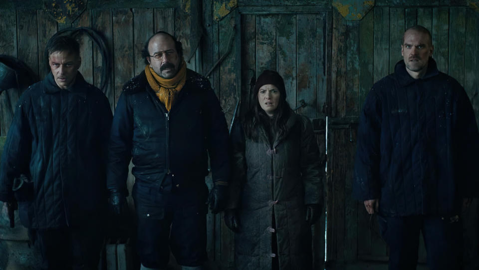 Tom Wlaschiha as Dmitri, Brett Gelman as Murray Bauman, Winona Ryder as Joyce Byers and David Harbour as Jim Hopper. - Credit: Netflix