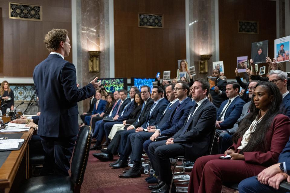 CEO and founder of Meta, Mark Zuckerberg, apologized to families in the audience during a Senate Judiciary Committee hearing about Big Tech and the Online Child Sexual Exploitation Crisis on January 31, 2024, at Capitol Hill in Washington, DC. Washington DC, United States; Mandatory Credit: Amanda Andrade-Rhoades-USA TODAY