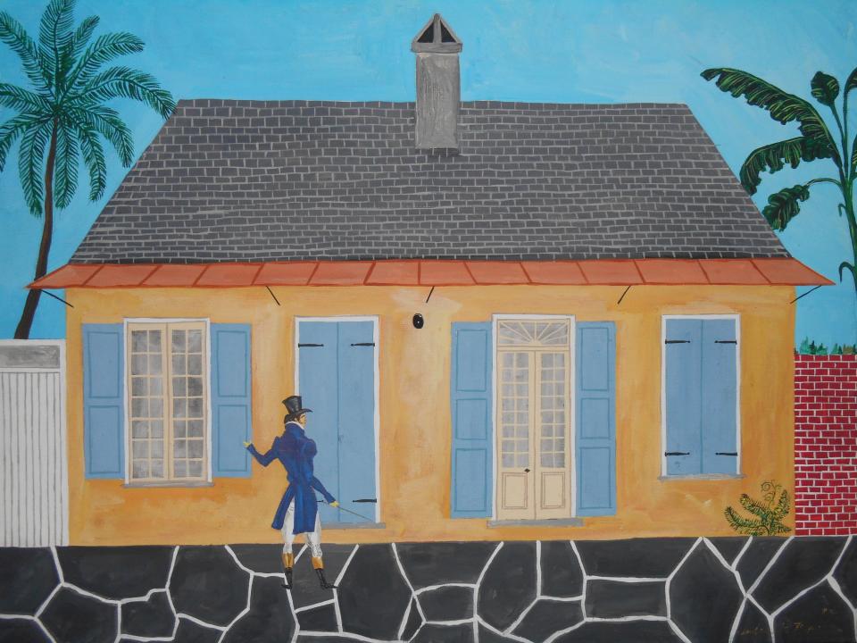 Andrew LaMar Hopkins's painting of Jean-Louis Dolliole at his Creole cottage home.