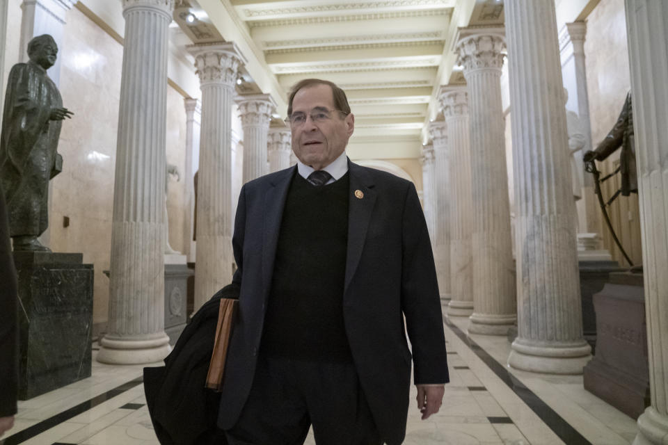 House Judiciary Committee Chair Jerrold Nadler, D-N.Y., walks through the Hall of Columns at the Capitol as House Democratic chairs gather for a meeting with Majority Leader Steny Hoyer, D-Md., in Washington, Wednesday, March 27, 2019. (AP Photo/J. Scott Applewhite)