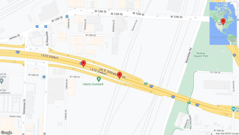 A detailed map that shows the affected road due to 'Broken down vehicle on eastbound I-670 in Kansas City' on July 16th at 11:50 p.m.