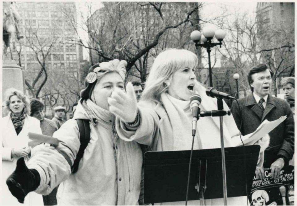 Merle Hoffman and Sue Davis address a New York City rally in 1989 with abortion rights advocate Bill Baird, right (Merle Hoffman)