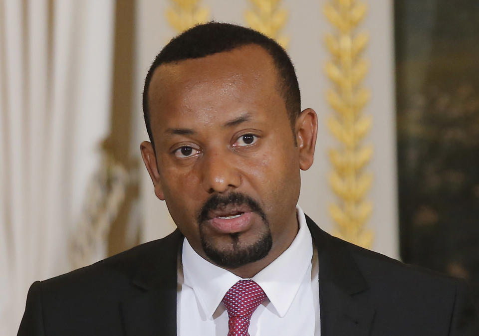 Ethiopian Prime Minister Ably Ahmed speaks during a media conference at the Elysee Palace in Paris, France, Monday Sept. 29, 2018.Ethiopian Prime Minister Ably Ahmed is in Paris for bilateral talks. (AP Photo/Michel Euler, Pool)