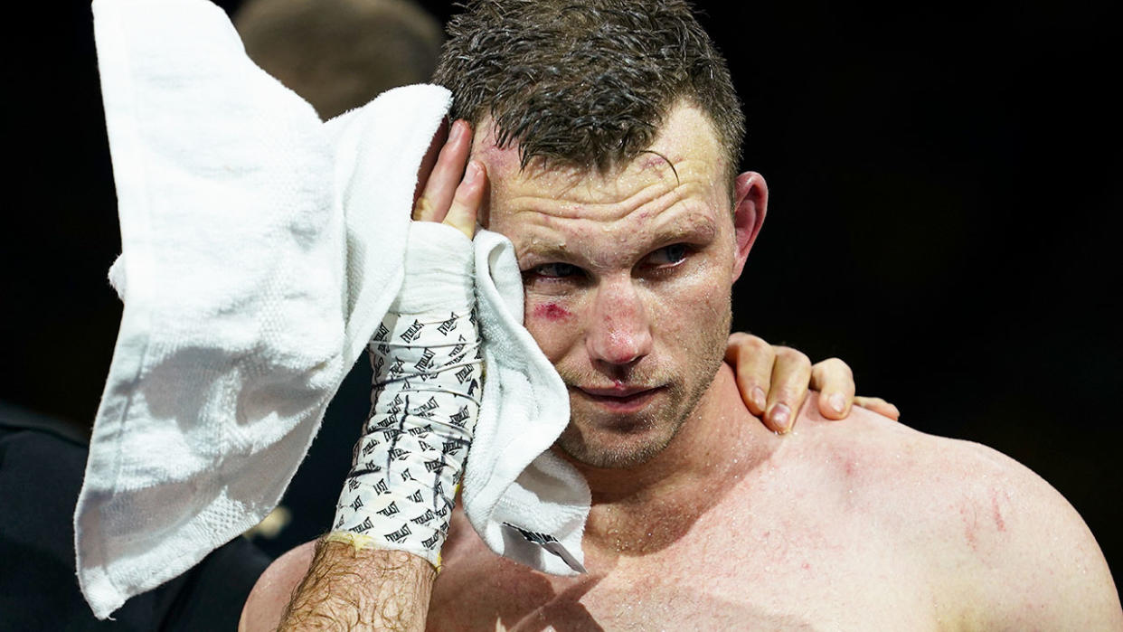 Pictured here, a battered Jeff Horn during his fight against Tim Tszyu.