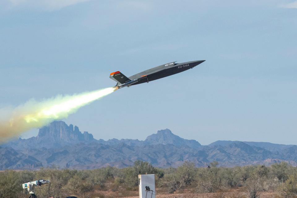 An XQ-58A Valkyrie low-cost unmanned aerial vehicle launches at the U.S. Army Yuma Proving Ground, Ariz., Dec. 9, 2020