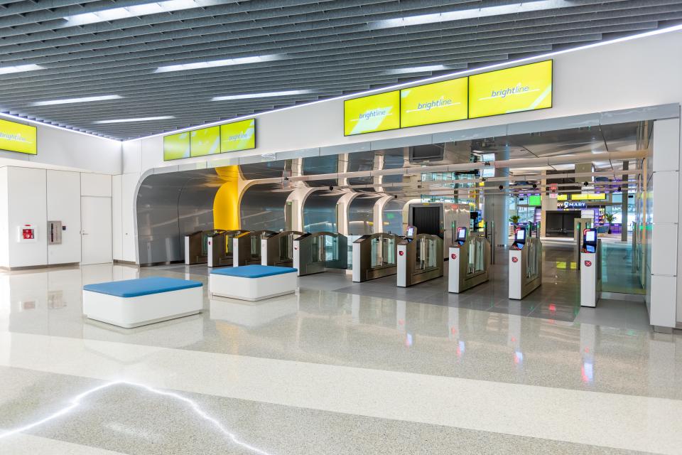 Brightline train station, Orlando International Airport, Florida, security.