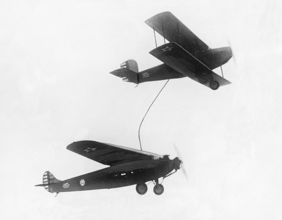 The Atlantic-Fokker C-2A <em>Question Mark</em> is refueled by a Douglas C-1. <em>Photo by ullstein bild/ullstein bild via Getty Images</em>