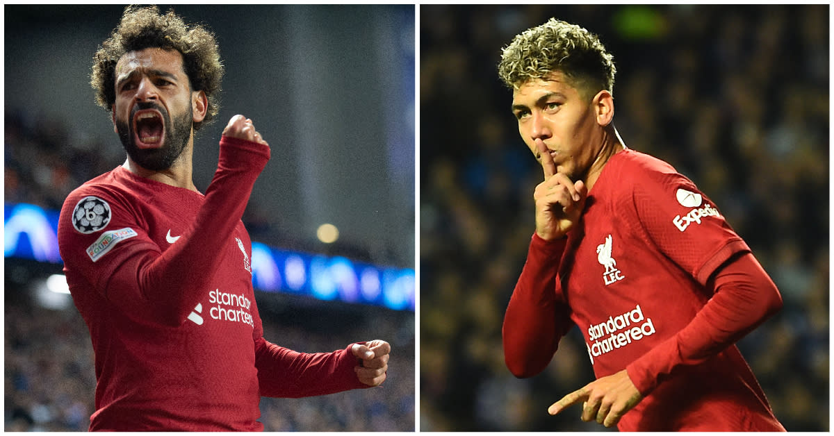 Liverpool stalwarts Mohamed Salah (left) and Roberto Firmino celebrating scoring in their 7-1 win over Glasgow Rangers in the Champions League. (PHOTOS: Getty Images)