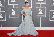 <p>Katy matched her blue hair in 2012 to this icy blue Elie Saab number for extra style points. [Photo: Getty] </p>