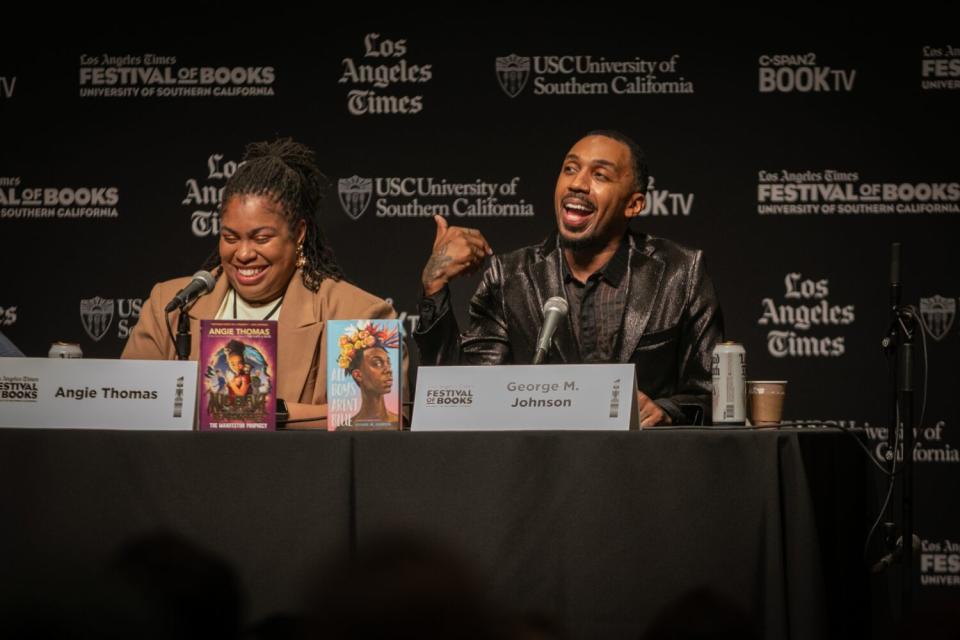 (Left to right) Author Angie Thomas and George M. Johnson discuss their work at the Festival of Books.