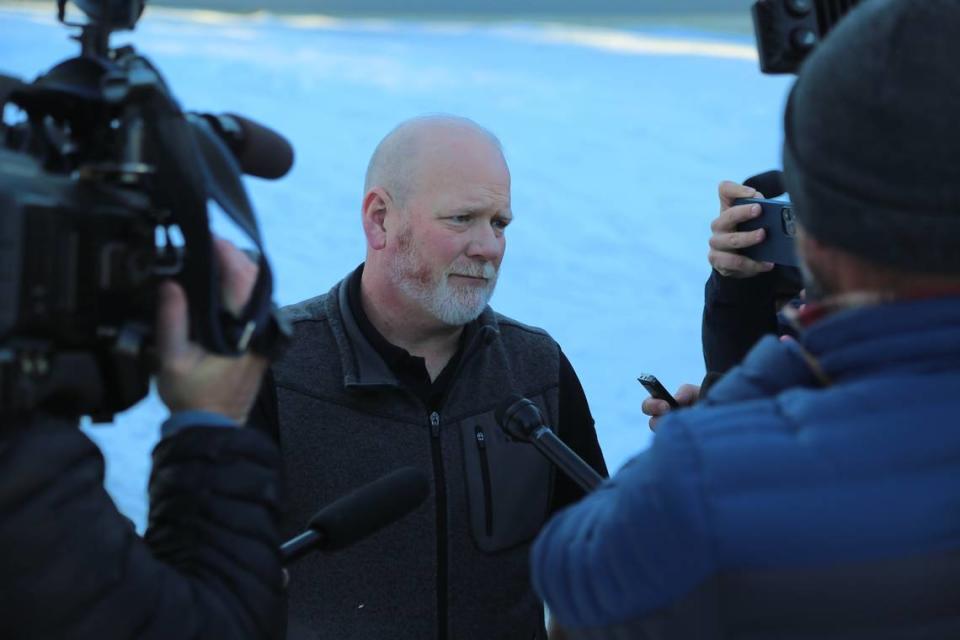 Moscow Police Chief James Fry answers a handful of questions from reporters outside the home in Moscow where four University of Idaho students were stabbed to death on Nov. 13. Police packed some of the victims’ personal belongings on Wednesday to return them to family members.