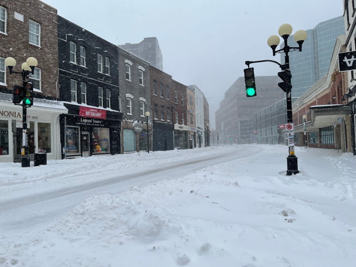 A snow-covered Water Street is pictured on Feb. 14. One week later, another forecast storm has caused closures in the metro St. John's region. (Henrike Wilhelm/CBC - image credit)