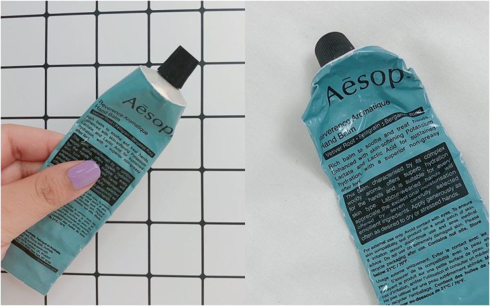 Aesop的這款護手霜香味十分特別，木質基調當中帶有土壤濕度以及煙燻味 圖片來源：LOOKin編輯拍攝