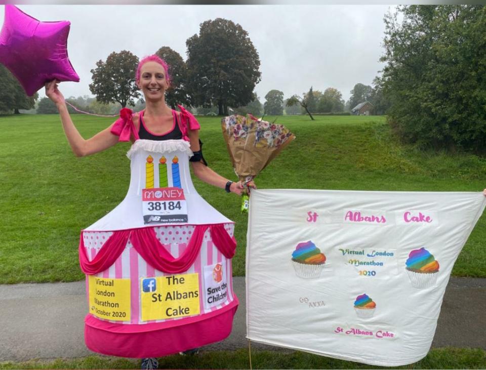 Anna Bassil is pictured after she completed her 2020 Virtual London Marathon on 4th October 2020 where she ran 26.2 miles around St Albans. She has since upgraded her costume. (PA)