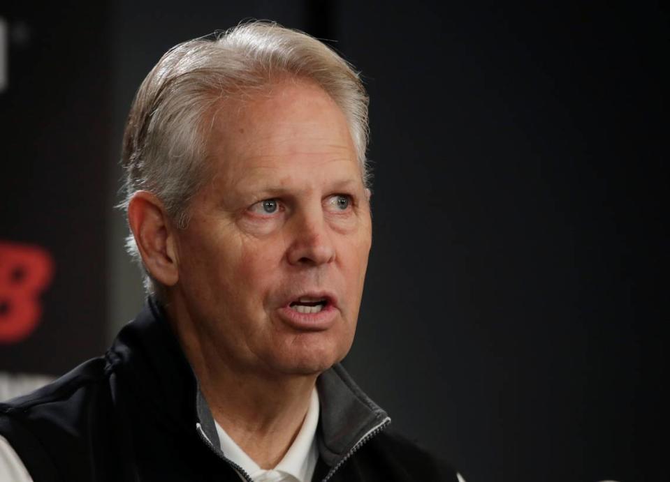 FILE - Boston Celtics basketball general manager Danny Ainge speaks during a news conference in Boston, in this Monday, June 24, 2019, file photo. The Boston Celtics are beginning their offseason with a shakeup of the front office and coaching staff, with team president Danny Ainge stepping down and coach Brad Stevens moving into the front office, a person with direct knowledge of the moves said Wednesday, June 2, 2021. (AP Photo/Elise Amendola, File)