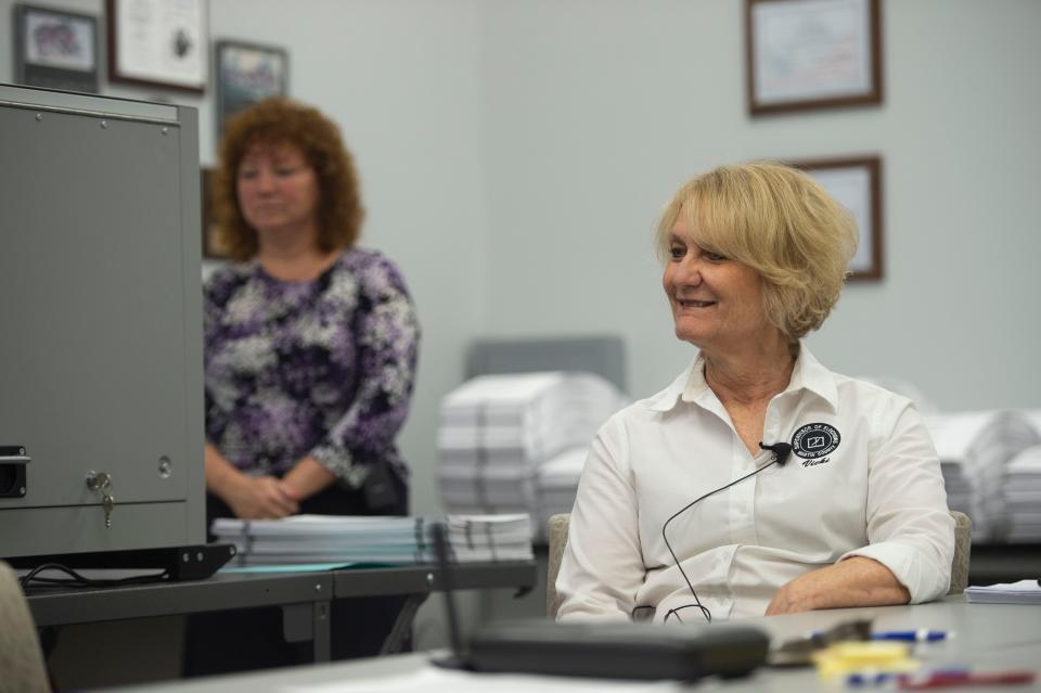 As observers and lawyers look on, the Martin County Elections Canvassing Board, including Martin County Supervisor of Elections Vicki Davis, recount 78,571 ballots Monday, Nov. 12, 2018 at the Martin County Supervisor of Elections office in Stuart. The board plans to complete the recount Monday with the help of high-powered voting machines. "We're going until we're done," Davis said of the task. Secretary of State Ken Detzner ordered recounts in the elections for governor, U.S. Senator and agriculture commissioner because the results provided to the state from the margin from all three races were less than one-half of one percent. 