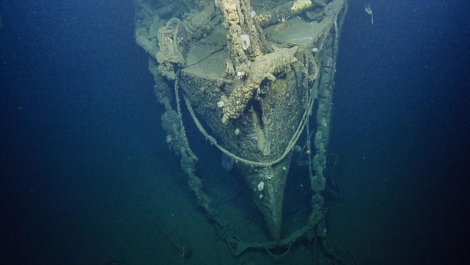 Here, the bow of the USS Independence seen during the robot sub survey in August 2016.