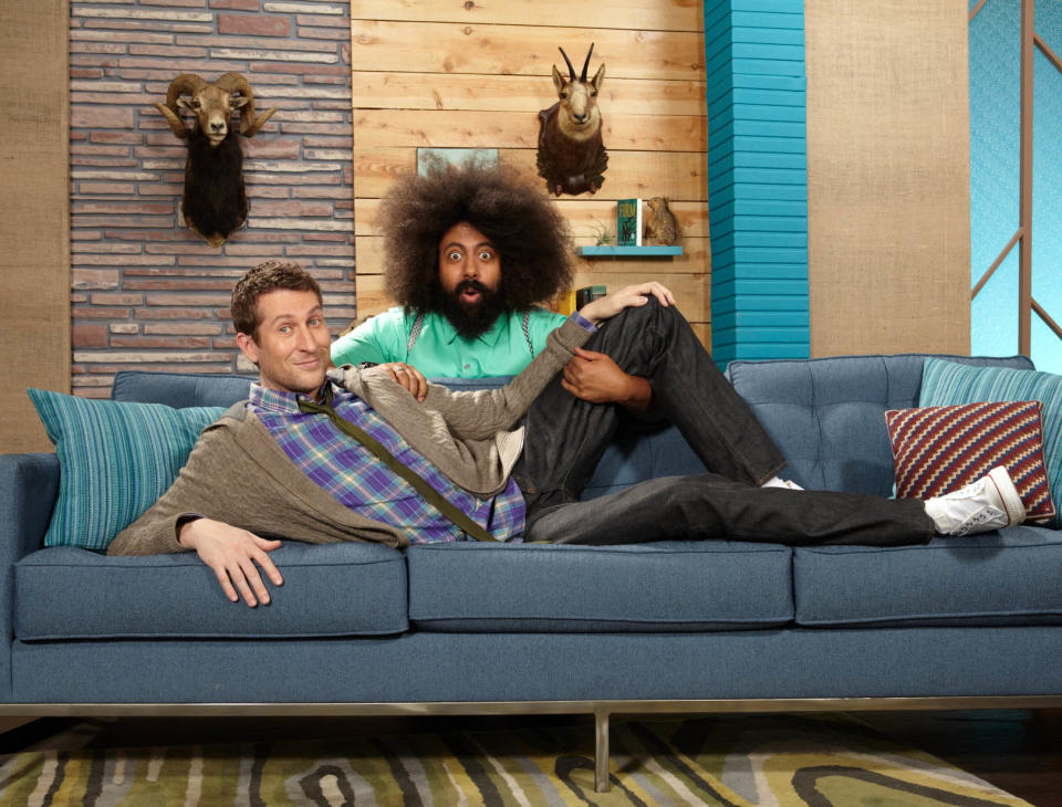 This undated image released by IFC TV shows host Scott Aukerman, left, and his sidekick Reggie Watts from the IFC-TV late-night talk show "Comedy Bang! Bang!" The show premieres Friday at 10p.m. EST on IFC. (AP Photo/IFC-TV, Robyn VonSwank)