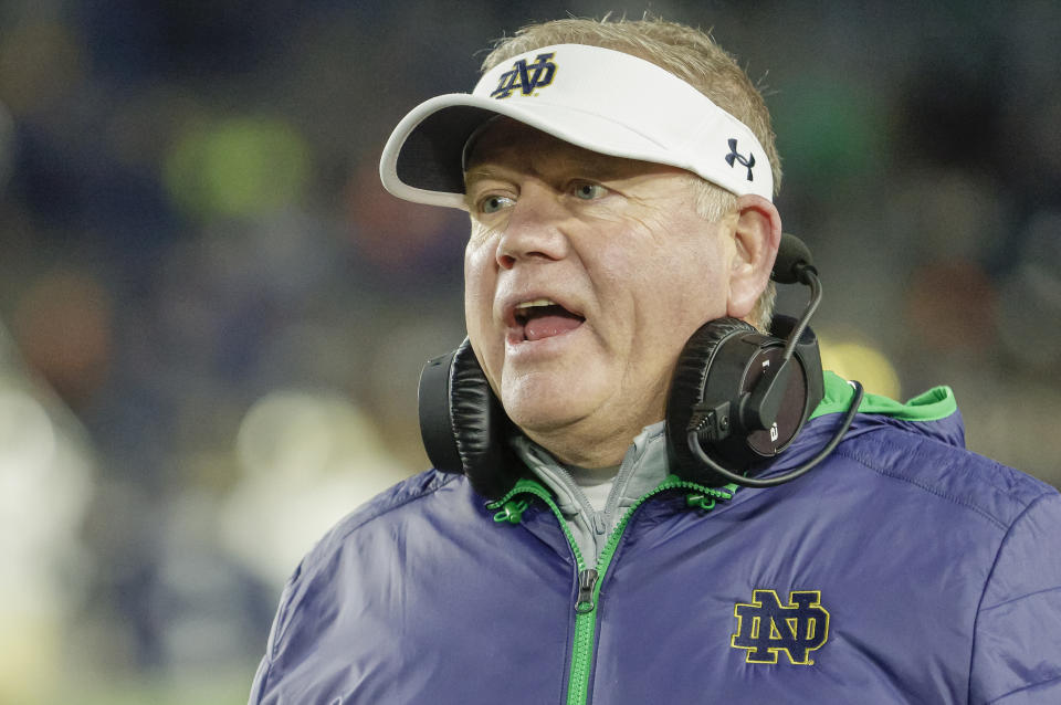 SOUTH BEND, IN - NOVEMBER 20: Head coach Brian Kelly of the Notre Dame Fighting Irish is seen during the game against the Georgia Tech Yellow Jackets at Notre Dame Stadium on November 20, 2021 in South Bend, Indiana. (Photo by Michael Hickey/Getty Images)