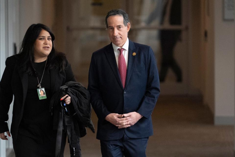 Rep. Jamie Raskin, D-Md., center, arrives for a private interview with James Biden, the brother of President Joe Biden, at Thomas P. O'Neill House Office Building on Capitol Hill in Washington, Wednesday, Feb. 21, 2024.