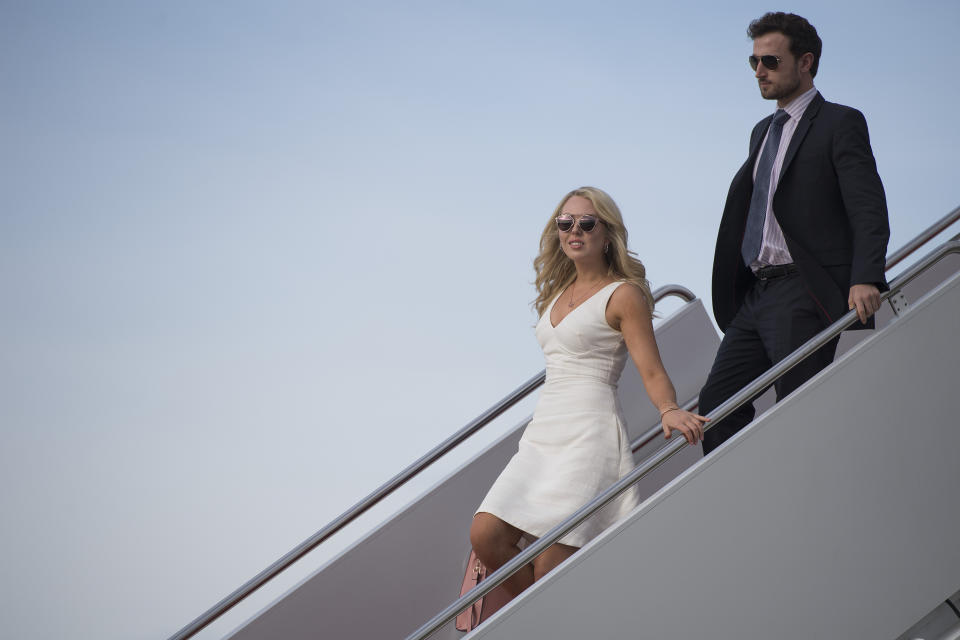 Tiffany Trump and Ross Mechanic walk off Air Force One at Andrews Air Force Base, MD, on April 16, 2017. (Photo: JIM WATSON/AFP/Getty Images)