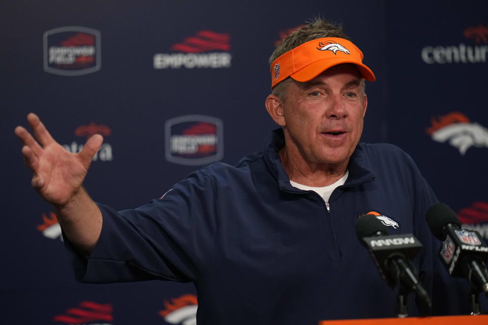 Denver Broncos head coach Sean Payton talks during a news conference following a win over the Green Bay Packers in an NFL football game Oct. 23, 2023, in Denver. (AP Photo/Jack Dempsey)