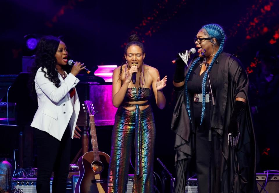 NASHVILLE, TENNESSEE - MARCH 20: (L-R) Ruby Amanfu, Allison Russell and ShaGasyia "Shea" Diamond perform onstage during the Love Rising: Let Freedom Sing (and Dance) A Celebration Of Life, Liberty And The Pursuit Of Happiness show at Bridgestone Arena on March 20, 2023 in Nashville, Tennessee. (Photo by Jason Kempin/Getty Images)