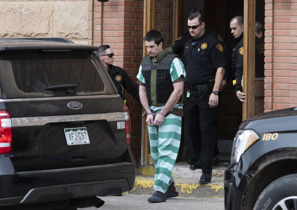 FILE - In this April 5, 2019, file photo, Teller County Sheriff deputies lead Patrick Frazee out of the Teller County Courthouse in Cripple Creek, Colo. The murder trial of a Colorado rancher accused of beating his fiancée to death while their 1-year-old daughter was nearby is coming to an end with jurors expected to hear closing arguments on Friday, Nov. 15, 2019. Then it will be up to the jury to decide whether to convict Patrick Frazee of killing 29-year-old flight instructor Kelsey Berreth and burning her body. (Christian Murdock/The Gazette via AP, File)