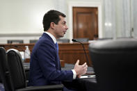 Transportation Secretary nominee Pete Buttigieg speaks during a Senate Commerce, Science and Transportation Committee confirmation hearing on Capitol Hill, Thursday, Jan. 21, 2021, in Washington. (Stefani Reynolds/Pool via AP)