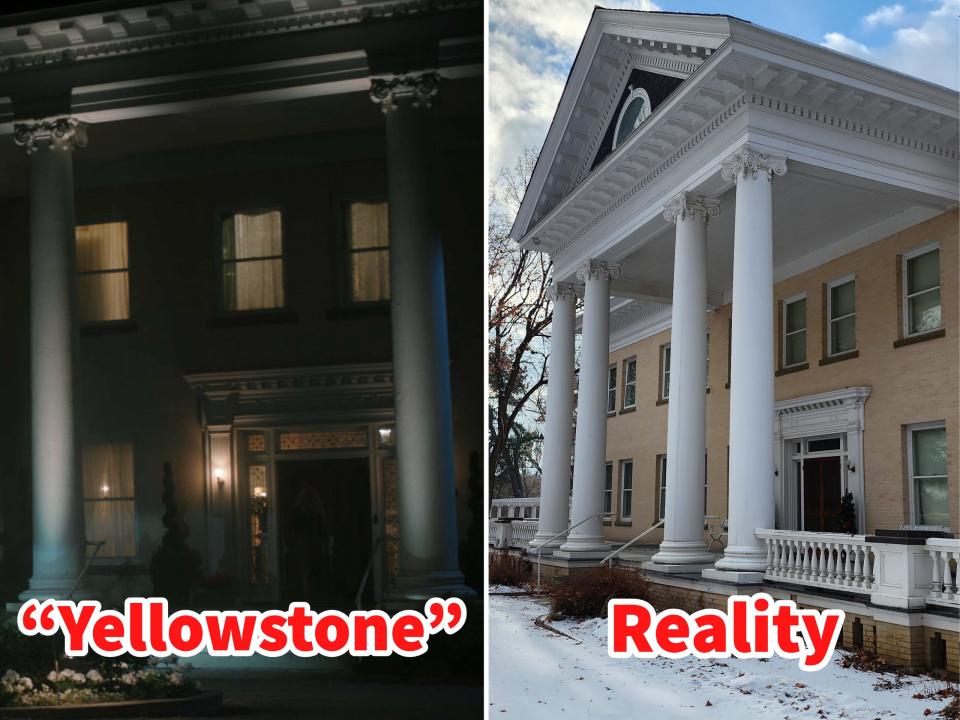 The governor's mansion in "Yellowstone" and the filming location in real life.