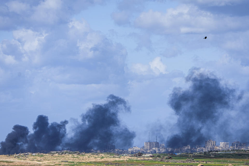 Smoke rises following an Israeli bombardment in the Gaza Strip, as seen from southern IsraelTuesday, Jan. 30, 2024. (AP Photo/Ariel Schalit)