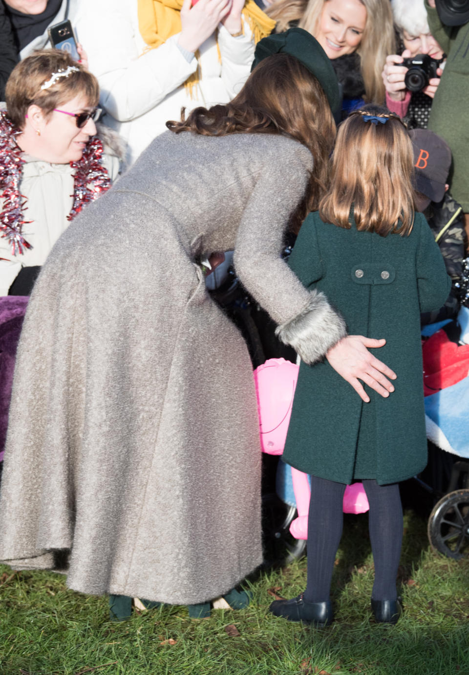 KING'S LYNN, ENGLAND - DECEMBER 25: Catherine, Duchess of Cambridge and Princess Charlotte of Cambridge attend the Christmas Day Church service at Church of St Mary Magdalene on the Sandringham estate on December 25, 2019 in King's Lynn, United Kingdom. (Photo by Pool/Samir Hussein/WireImage)