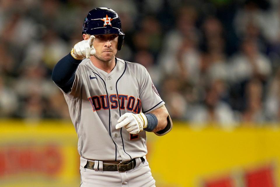 Alex Bregman reacts after hitting a double in the sixth inning of Game 3.