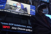 News of the verdict in the trial of former Minneapolis police Officer Derek Chauvin is displayed on a billboard in Times Square, New York, Tuesday, April 20, 2021. Chauvin has been convicted of murder and manslaughter in the death of George Floyd, the explosive case that triggered worldwide protests, violence and a furious reexamination of racism and policing in the U.S. (AP Photo/Seth Wenig)