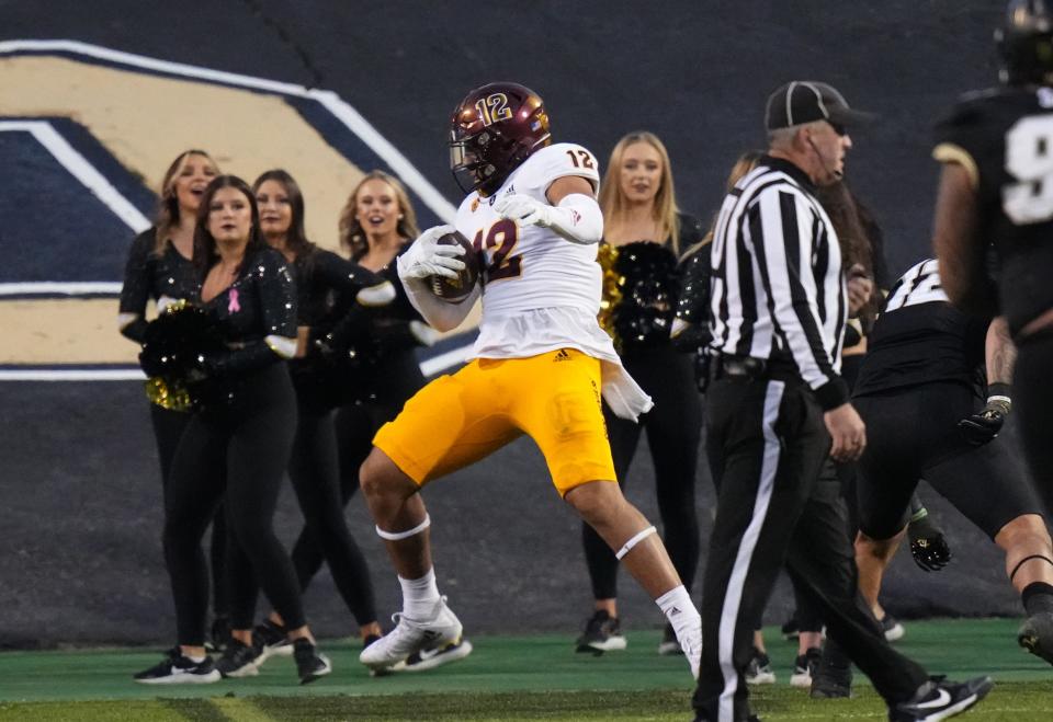 Oct 29, 2022; Boulder, Colorado, USA; Arizona State Sun Devils tight end Jalin Conyers (12) catches a touchdown in the first quarter against the Colorado Buffaloes at Folsom Field.