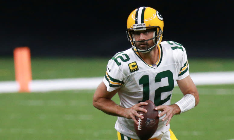 Aaron Rodgers looking to pass.