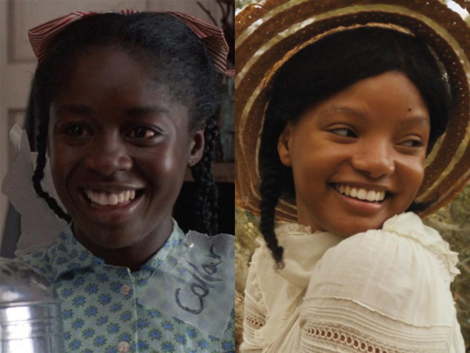 Left: Akosua Busia as Nettie in the 1985 version of "The Color Purple." Right: Halle Bailey as Nettie in the 2023 version of "The Color Purple."