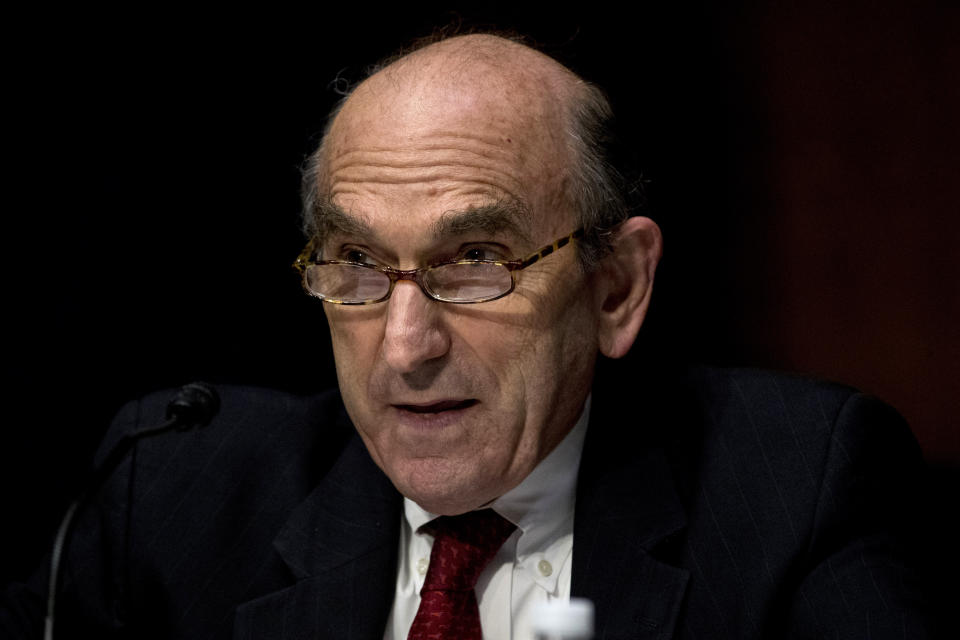 State Department Special Representative for Venezuela Ambassador Elliott Abrams testifies at a Senate Foreign Relations Committee hearing on Capitol Hill in Washington, Tuesday, Aug. 4, 2020. (AP Photo/Andrew Harnik)