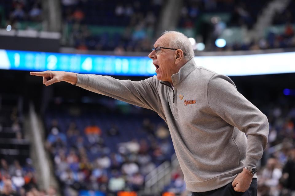 Jim Boeheim coaches in his final game with Syracuse, a 77-74 loss to Wake Forest in the second round of the ACC tournament at Greensboro Coliseum on March 8, 2023. Boeheim ranks second overall behind Mike Kryzewski for career Division I wins among men's coaches.