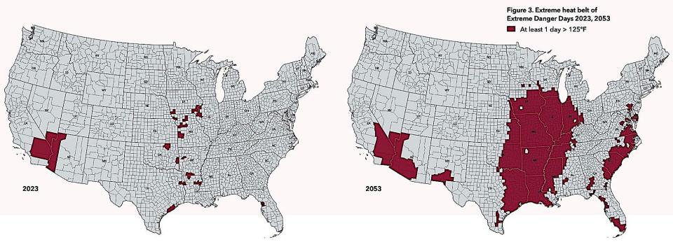 two us heat maps left shows small pockets of temperatures above 125 degrees fahrenheit right shows belts across southwest central and southeast