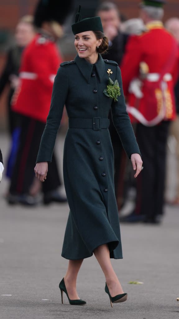 Kate Middleton visits the 1st Battalion Irish Guards at the St. Patrick’s Day Parade in Mons Barracks, Aldershot in the United Kingdom on March 17, 2022. - Credit: James Whatling / MEGA