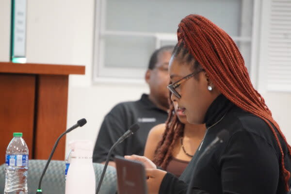  Aberdeen High School student Hayven Rowson testifies to the Harford County school board on the AP African American studies course. Photo by William J. Ford.