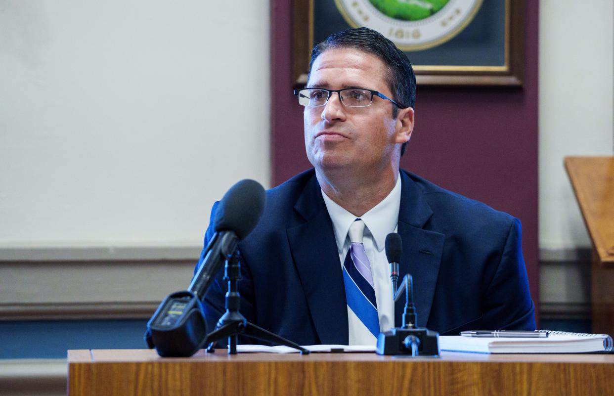 Eric Miller, director of the Indiana Department of Child Services, answers questions during a court hearing Monday, Sept. 25, 2023, pertaining to documents in a civil case involving the torture and death of a 4-year-old boy named Judah Morgan.