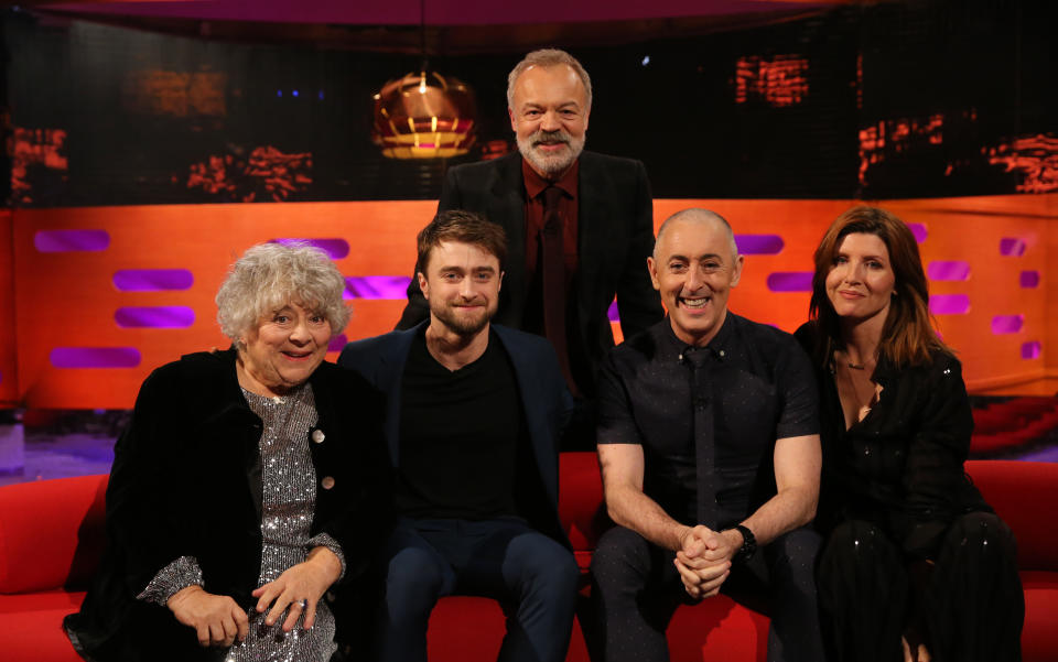 Host Graham Norton with (seated left to right) Miriam Margolyes, Daniel Radcliffe, Alan Cumming, and Sharon Horgan during the filming for the Graham Norton Show at BBC Studioworks 6 Television Centre, Wood Lane, London, to be aired on BBC One on Friday evening. (Photo by Isabel Infantes/PA Images via Getty Images)
